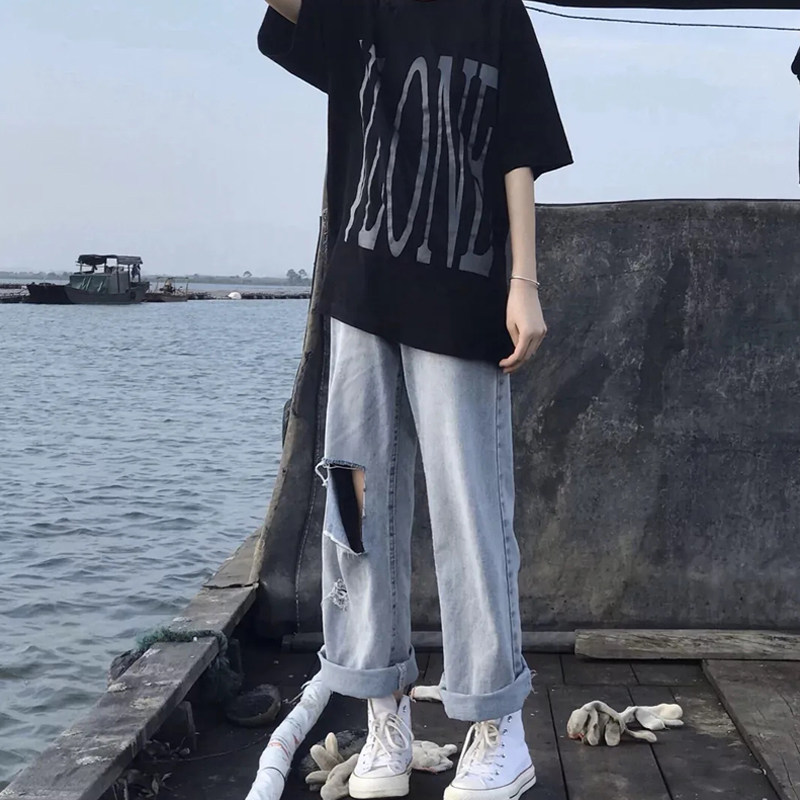 速发破洞高街新仔腿夏季牛款高腰薄款直筒阔裤裤垂感宽松百搭拖地