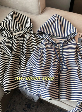 速发复古开衫慵纹卫衣外套春秋韩版b宽松潮f条懒风ch薄款连帽上衣