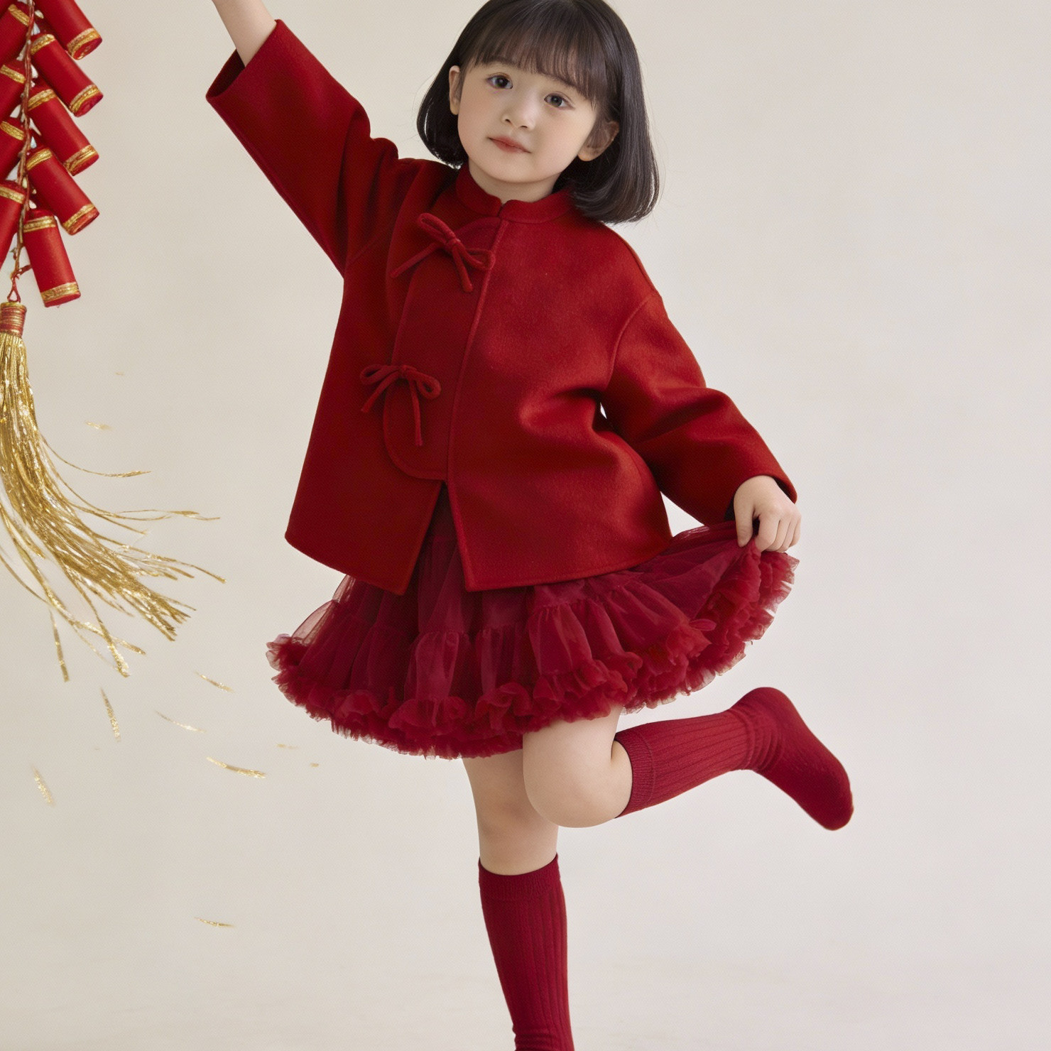 女童拜年服双面呢羊毛大衣外套新款立领红色新中式长袖生日礼物