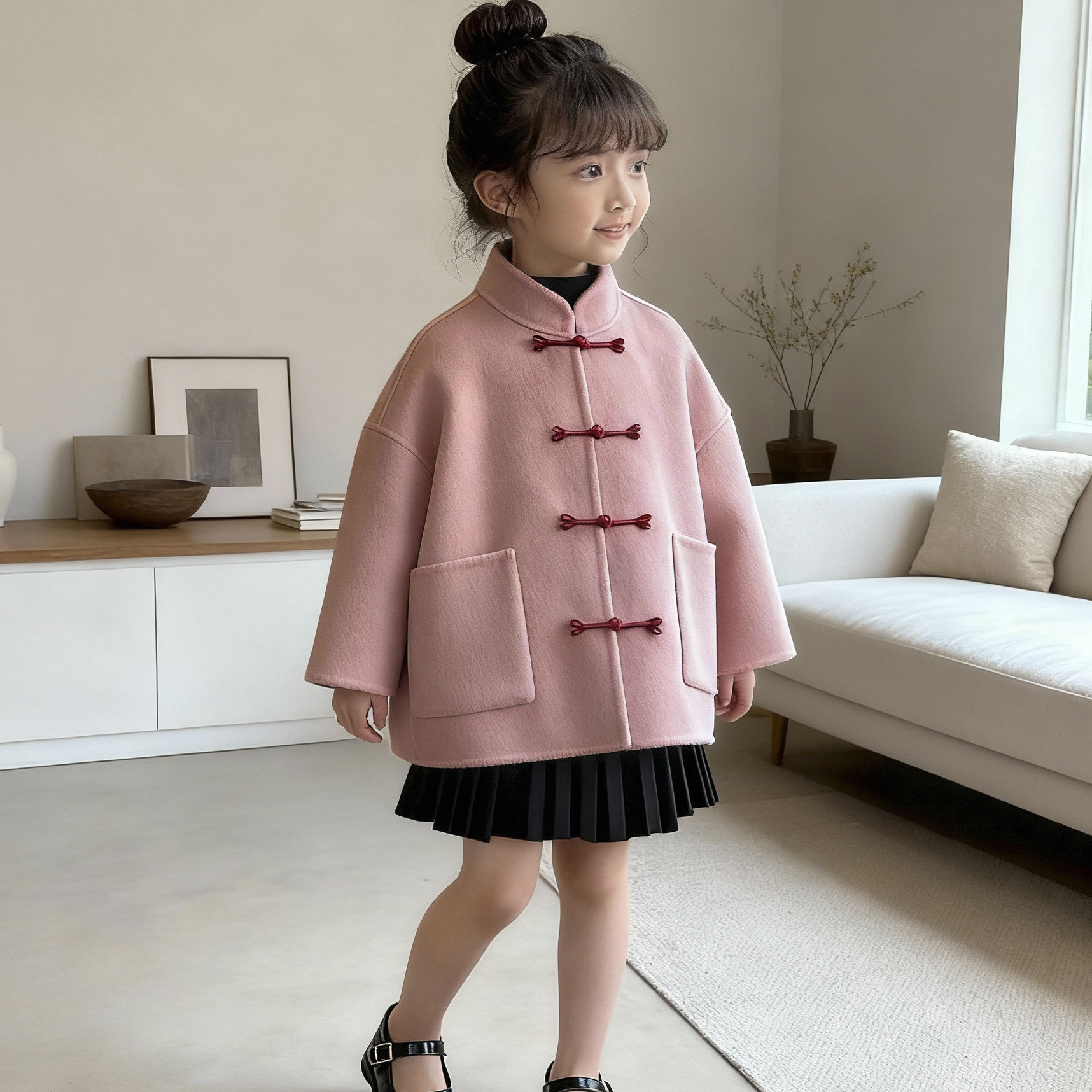 洋气新中式女童双面羊绒大衣短款2025秋冬季儿童国风盘扣毛呢外套