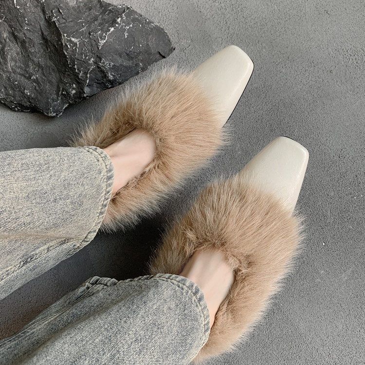 真皮方头粗跟雪地靴女新款冬季