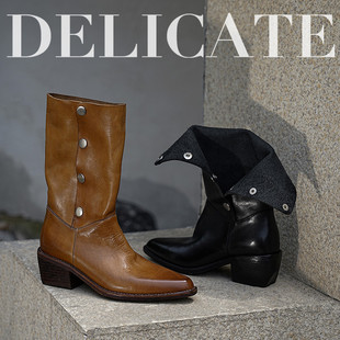 里外全真皮头层水洗马皮复古做旧英伦风显瘦尖头粗跟西部靴骑士靴