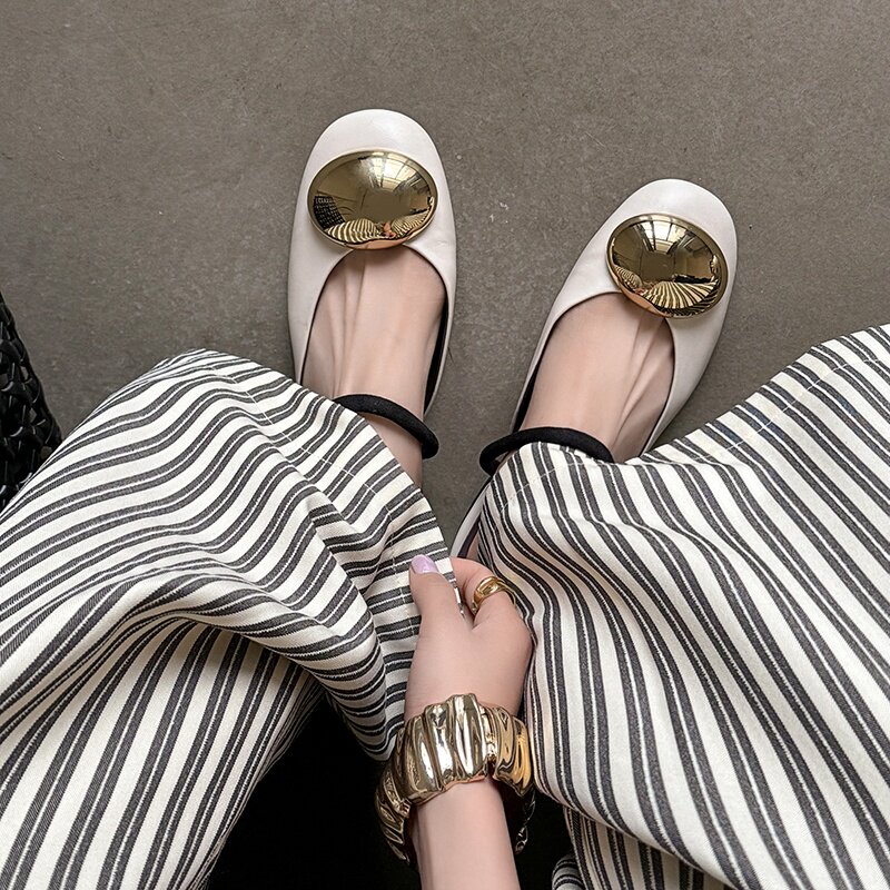 里外全皮甜美风金属扣包头半拖鞋女外穿圆头平底真皮玛丽珍凉拖鞋