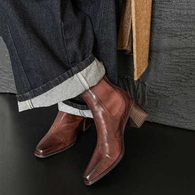 高档2025牛皮头层水洗粗跟踝靴