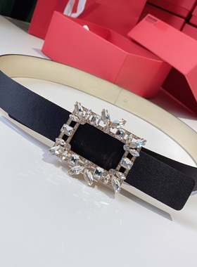 新款rv女士腰带方扣裙子宴会真丝绸缎水钻真丝网红连衣裙外搭腰封