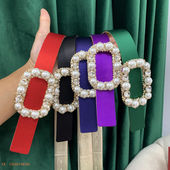 闪方扣RV女士珍珠大衣腰带真丝绸缎配连衣裙水钻镶嵌时尚 裙带皮带