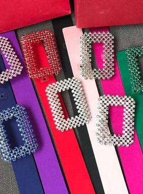 女士绸缎面皮带 时尚真皮镶钻腰带rv8水钻方扣腰带配裙子装饰腰封