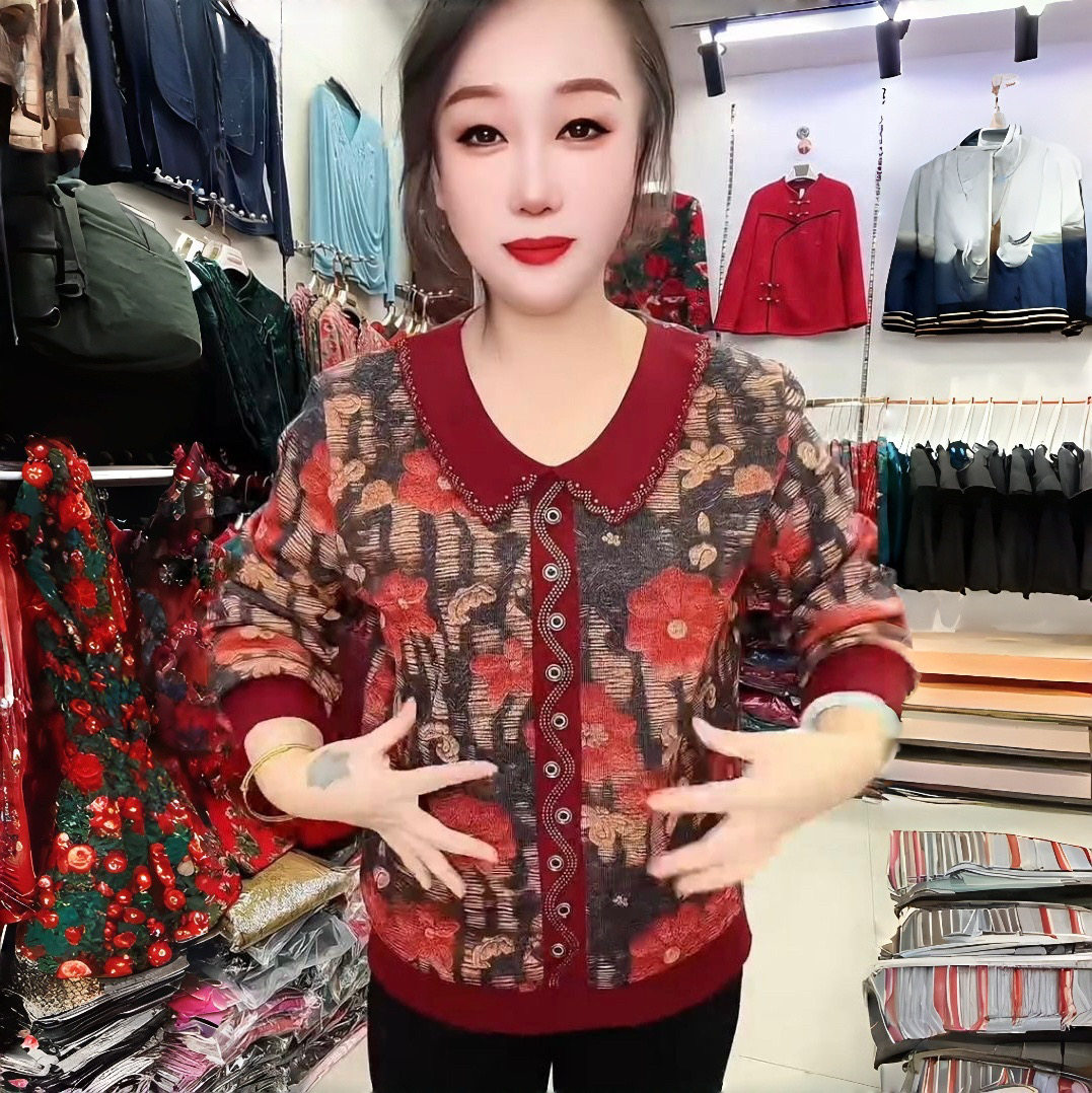中老年加绒打底衫妈妈装加厚新款阔太太娃娃领小衫休闲百搭上衣女