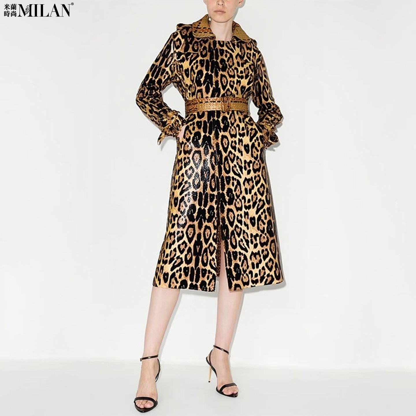 现货2025新款高货欧美明星豹纹蛇皮纹风衣系带收腰过膝长款PU皮衣