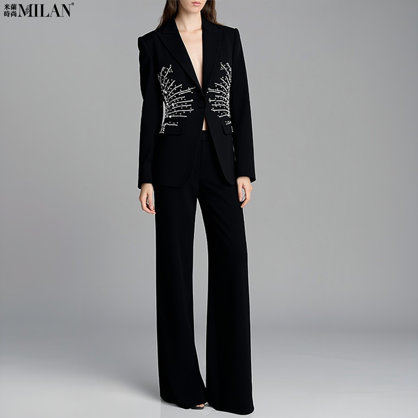 钉珠镶钻一粒扣西装长裤通勤套装