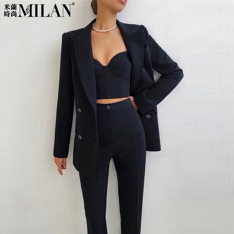 现货2026春欧美设计感黑色胸衣西装三件套女OL通勤职业装气质套装
