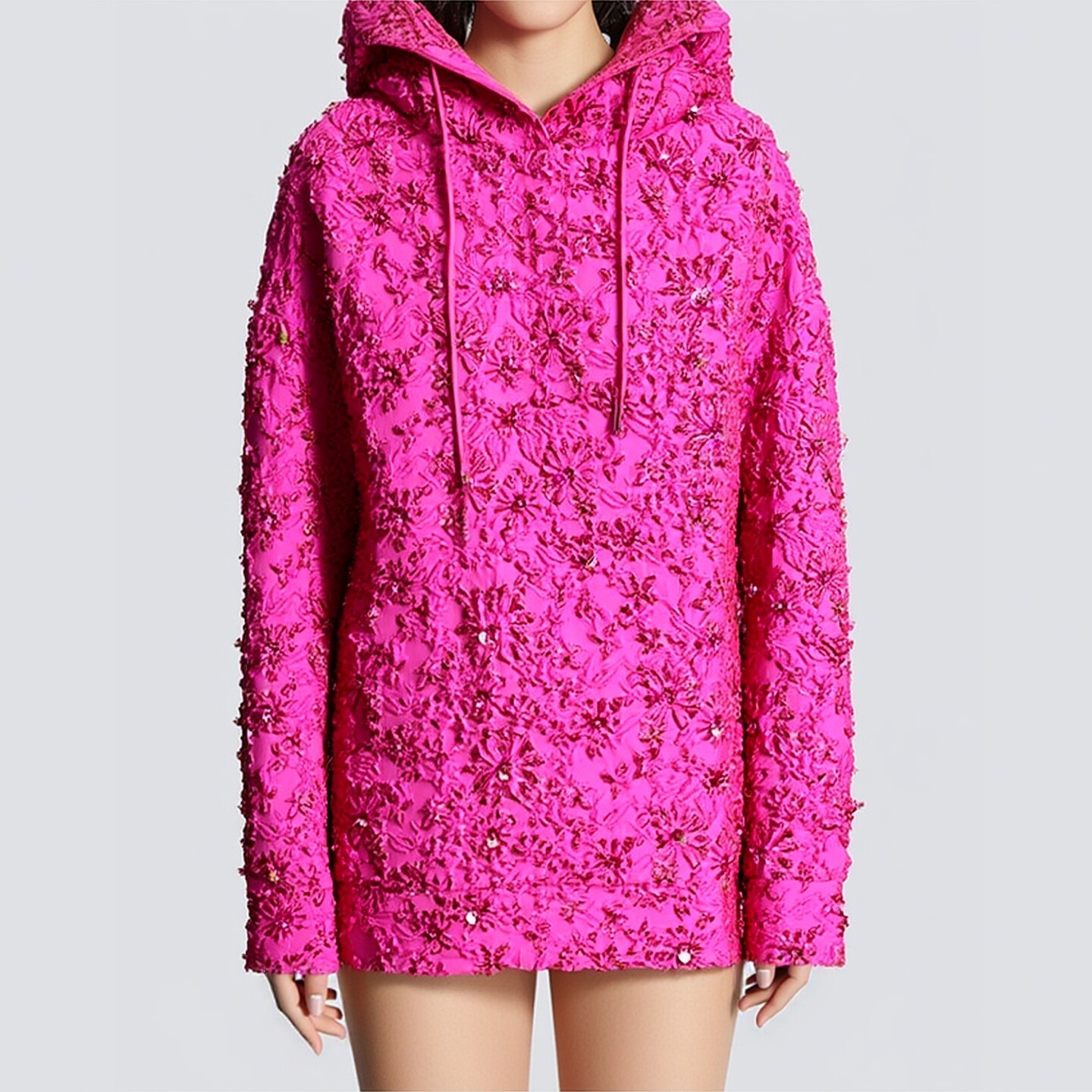 现货2026新款欧美明星新款重工提花钉珠抽绳连帽宽松显瘦长款卫衣