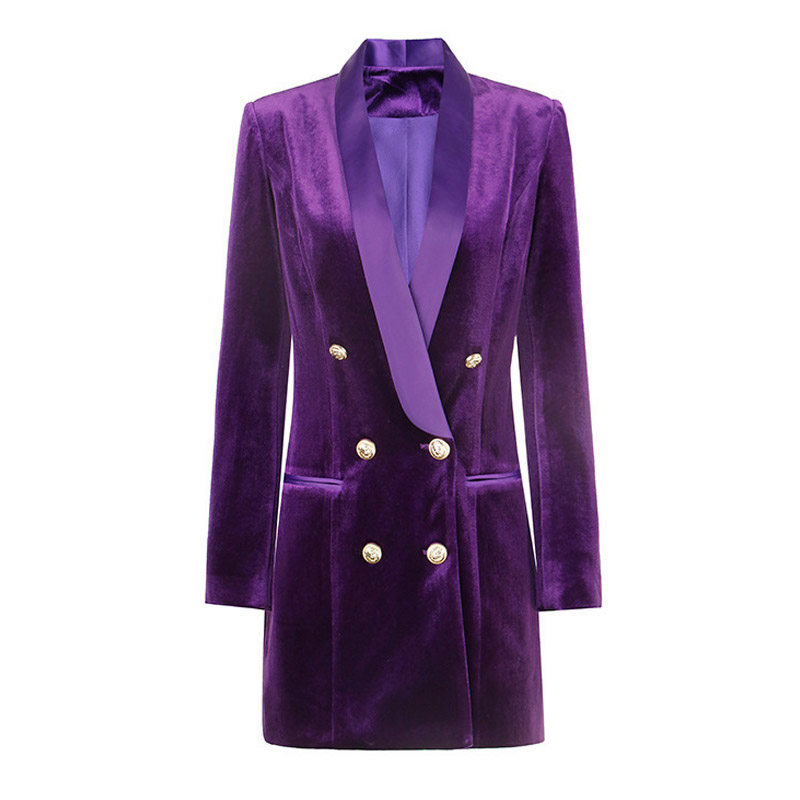 2024春新款欧美轻奢深紫色丝绒拼色丁青果领双排扣修身西装连衣裙