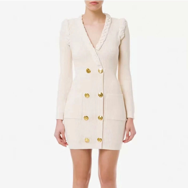 现货2026新款欧美明星麻花V领长袖双排扣修身包臀纯色针织连衣裙