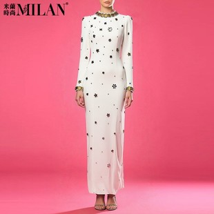 现货明星年会晚礼服长裙钉珠镶钻闪亮片立体花朵及地长款连衣裙女