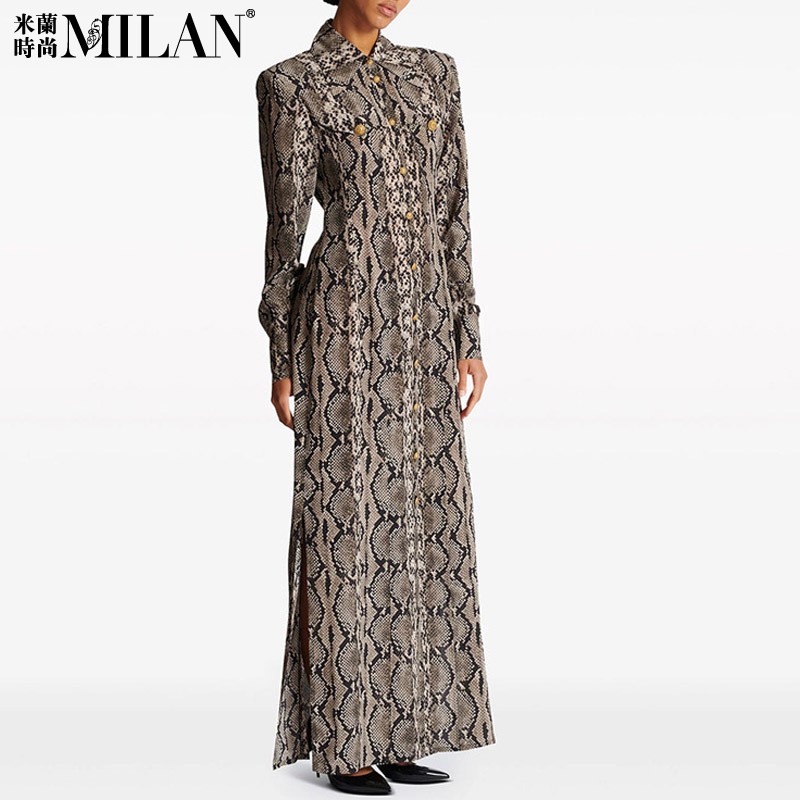 性感蛇皮纹单排扣修身连衣裙长裙