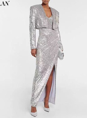现货2026春BLING亮片晚礼服女明星钉钻徽章短外套吊带连衣裙套装