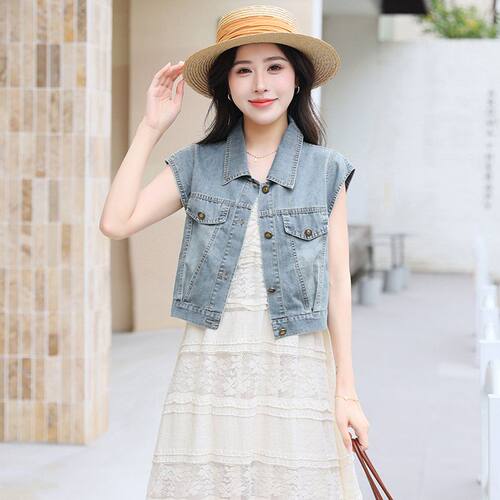 夏季薄款牛仔马甲女POLO领小坎肩