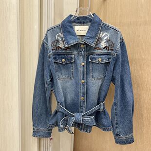 复古翻领刺绣牛仔外套女春秋2026新款 收腰显瘦系带高级感夹克上衣