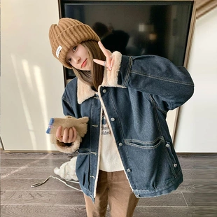 加绒加厚牛仔外套女秋冬新款 羊羔绒复古宽松小个子棉衣服 网红爆款