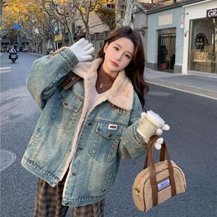 加绒加厚牛仔外套女2026秋冬新款复古设计感宽松百搭羊羔毛棉衣服
