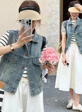 复古百搭牛仔马甲女春秋新款宽松无袖坎肩小个子网红外搭上衣外套