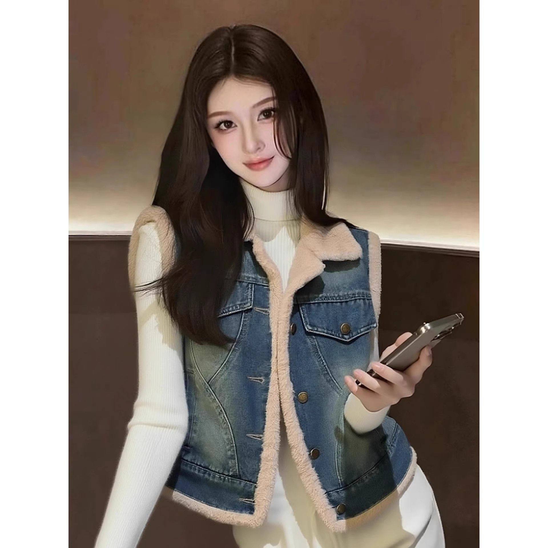 加绒加厚牛仔马甲女2025秋冬设计感羊羔毛小个子修身保暖背心外套