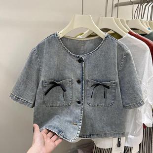 复古蝴蝶结牛仔短袖外套女夏2024新款宽松薄款小香风短款衬衫上衣