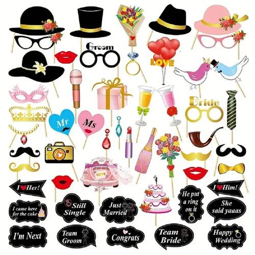 53pcs Wedding Photo Booth Props Bridal Shower Signs for Wedd