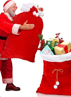 Large Red Velvet Christmas Bag with White Pompom , Fluffy Gi