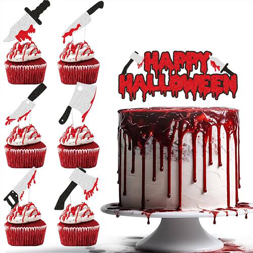 1SET  Halloween Cupcake Topper Wrappers Bloody Knife Scissor