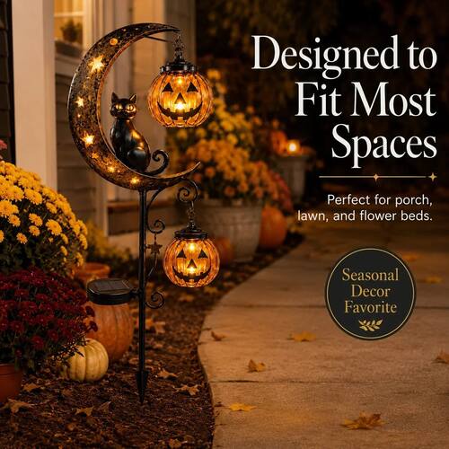 Solar Halloween Black Cat & Pumpkin Moon Garden Stake Light,