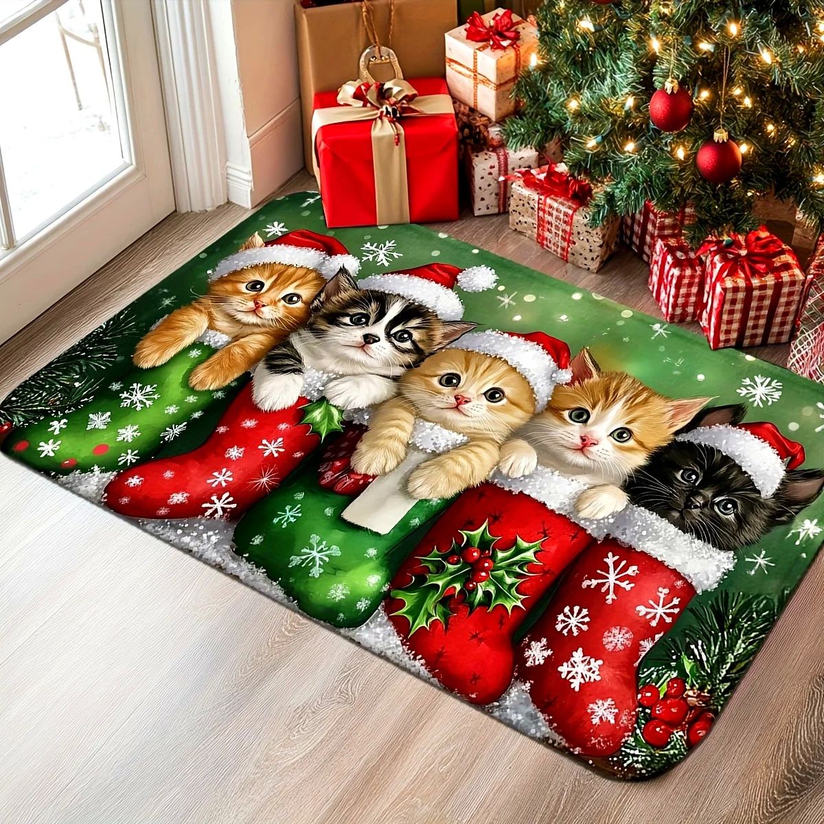 Christmas Carpet Cute 5 Kittens Floor Mat Door Mat Soft Welc