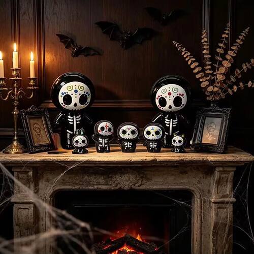 7 Mixed Undead Candy Skeleton Mini Doll Set, Solid Resin Orn