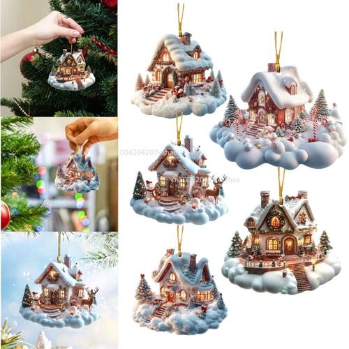 Christmas Acrylic Ornaments Castle Snow House Hanging Pendan