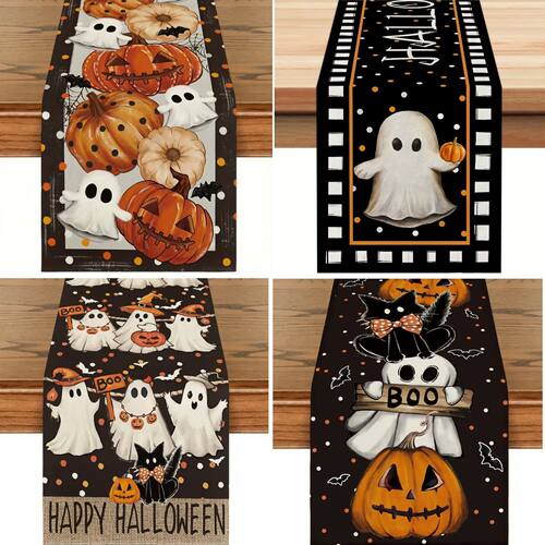 Halloween Table Runner Cute Ghost Pumpkin Black Cat Bat Dot