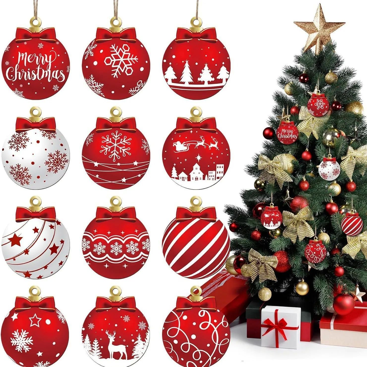 12PCS Christmas Ball Pendant, Wooden Pendant Christmas Decor