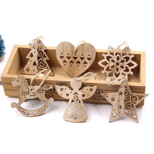 6PCS Vintage Christmas Wooden Pendants Hollow Hanging Orname