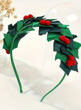 1pc Festive Christmas Headbands with Green Leaves & Red Berr
