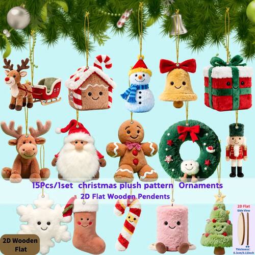 15Pcs Christmas Wooden Gingerbread Man Santa Claus 2D Flat W
