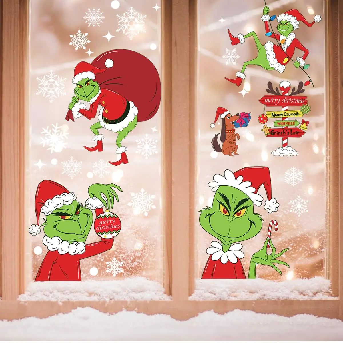 9 Sheets Grinch Window Stickers for Glass Christmas Double S