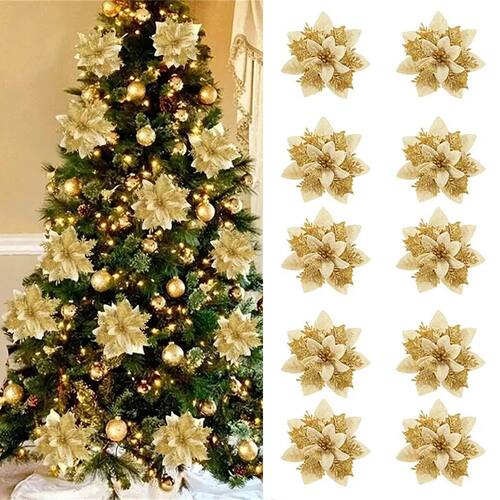 10/20Pcs Christmas Decoration Glitter Artifical Flowers Chri