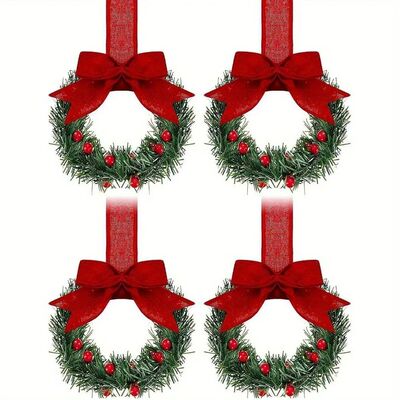4 pieces of Christmas mini wreaths, window decorations, ribb
