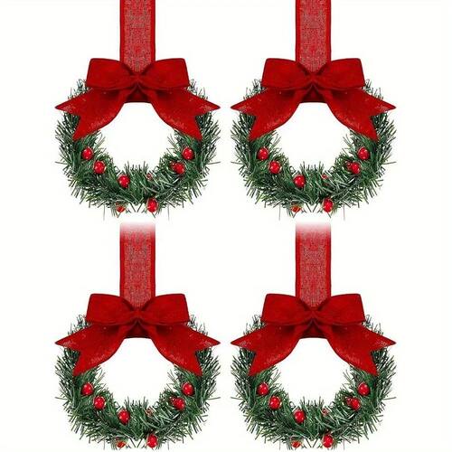 4 pieces of Christmas mini wreaths, window decorations, ribb