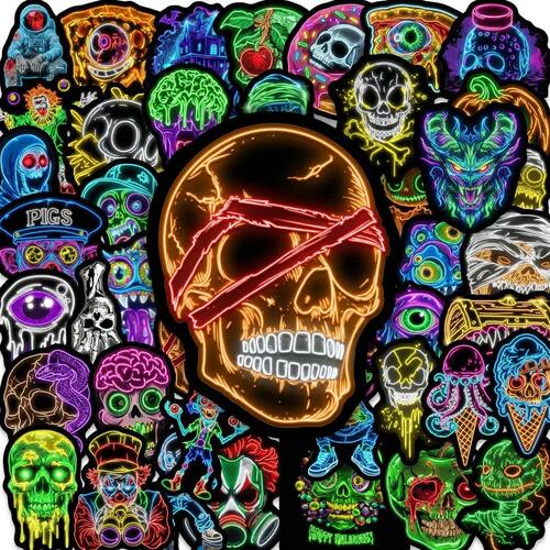 50Pcs New Halloween Neon Skeleton Stickers Waterproof Creati