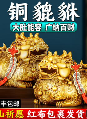 貔貅招财摆件家里客厅公母一对皮休聚旺纯黄铜貔犰门口办公室店铺