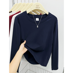 简约纯色百搭圆领大码女装长袖t恤衫女正肩修身上衣弹力打底衫ins