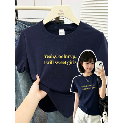 深蓝色校园风简约字母印花修身正肩内搭圆领内搭短袖t恤女装上衣i