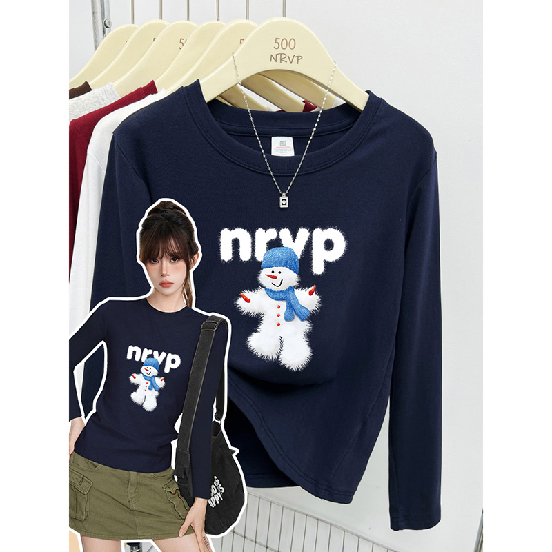 秋冬可爱雪人字母印花正肩修身长袖t恤女高弹力棉大码女装上衣ins