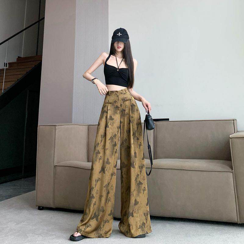 春夏季黑色蝴蝶缎面垂坠感宽松时尚气质阔腿裤女高腰显瘦休闲长裤